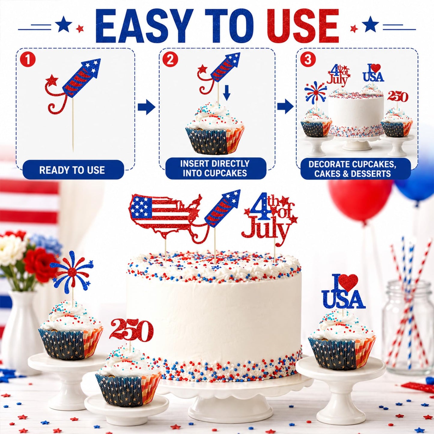 24Pcs Red Blue Stars Cupcake Toppers, 4th Of July Patriotic Independence Day Party Supplies Cake Dessert Ice Cream Toppers, Anniversary Patriotic