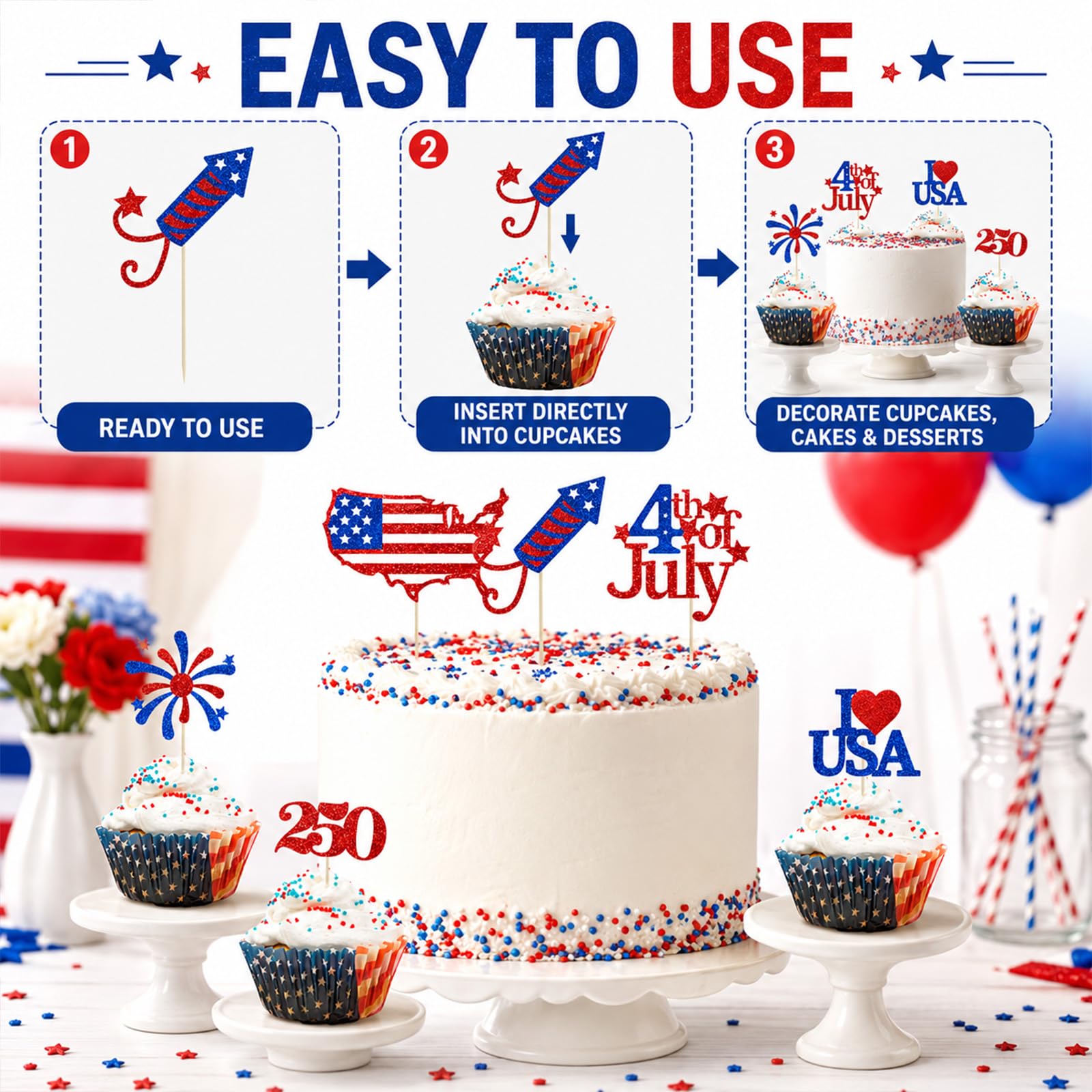 24Pcs Red Blue Stars Cupcake Toppers, 4th Of July Patriotic Independence Day Party Supplies Cake Dessert Ice Cream Toppers, Anniversary Patriotic