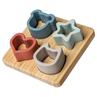 Mary Meyer Baby and Toddler Toys Simply Silicone Sorting Puzzle with Bamboo Base for 12+ Months Old Preschool Gifts, 4 x 4-Inches, Animal, Star, Heart