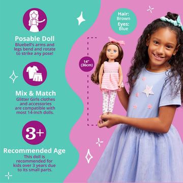 Glitter Girls - 14-Inch Fashion Doll - Brown Hair & Blue Eyes - Pink Dress, Glittery Shoes & Hairbow - Dolls for Girls 3+ Years - Bluebell