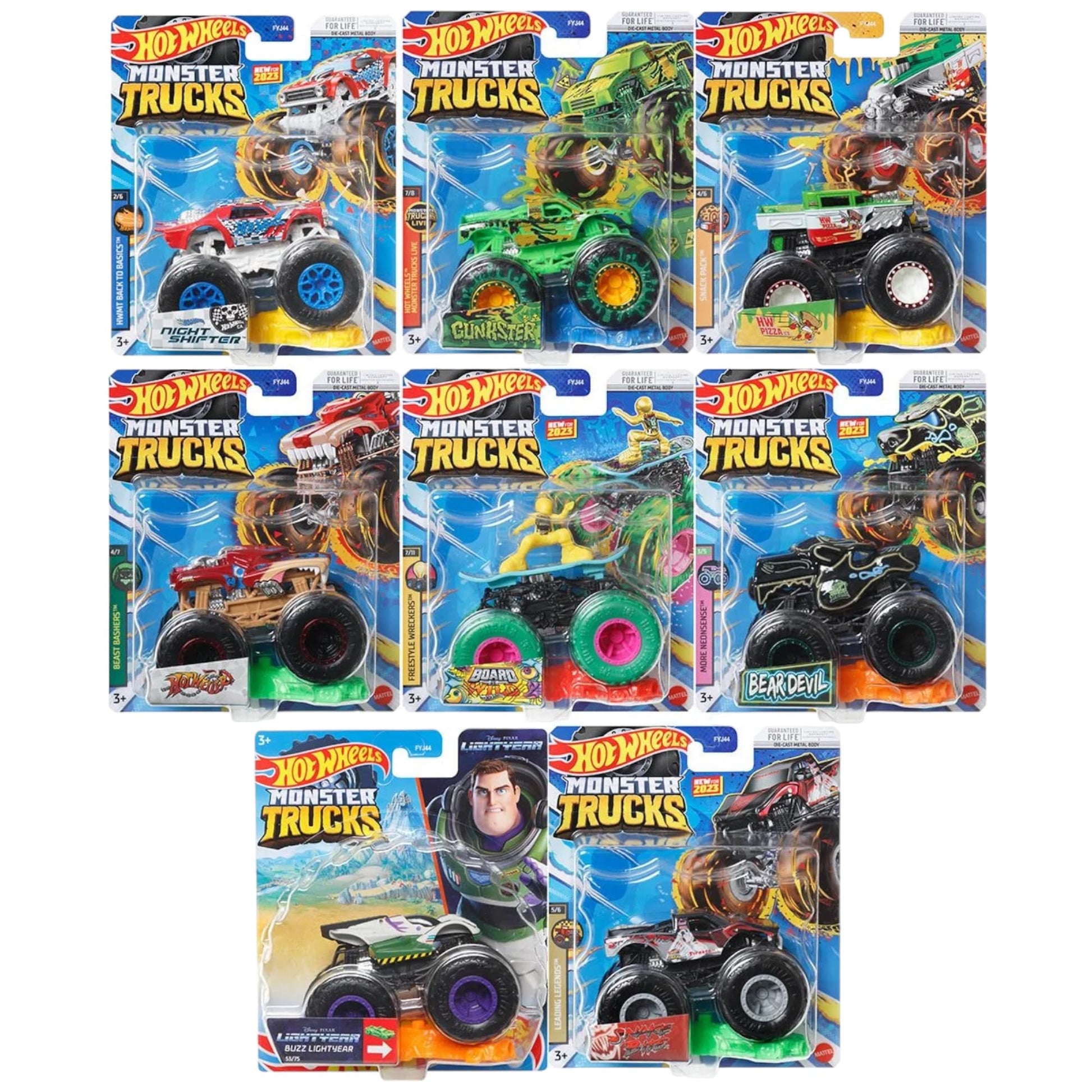 Hot Wheels Monster Trucks Connect and Crash Car Complete Set of 8 Diecast Vehicles Bundle with Hotweiler, Buzz, Board Wild, Gunkster, Beardevil