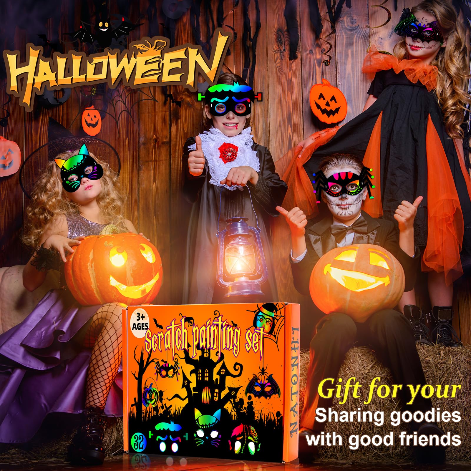 Natonhi 32Pcs Halloween Crafts for Kids Rainbow Scratch Mask, Halloween Games Scratch Art and Craft Kit Classroom Activities Favors Party Supplies