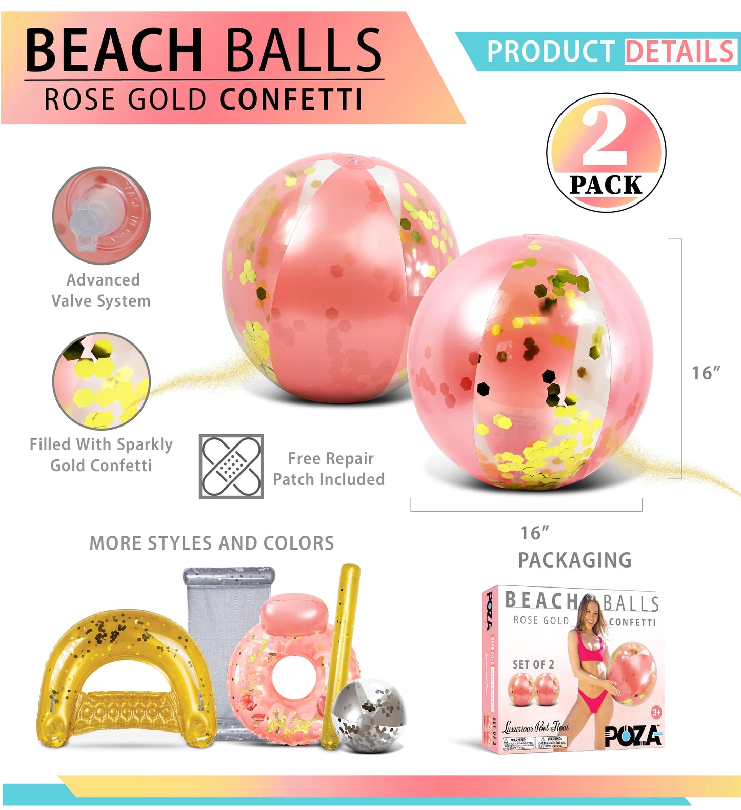 POZA Inflatable Beach Balls Rose Gold Set of 2 - Elegant Rose Gold Confetti Premium Floaters, Heavy Duty Vinyl Floatation Pool Toys for Pool Beach