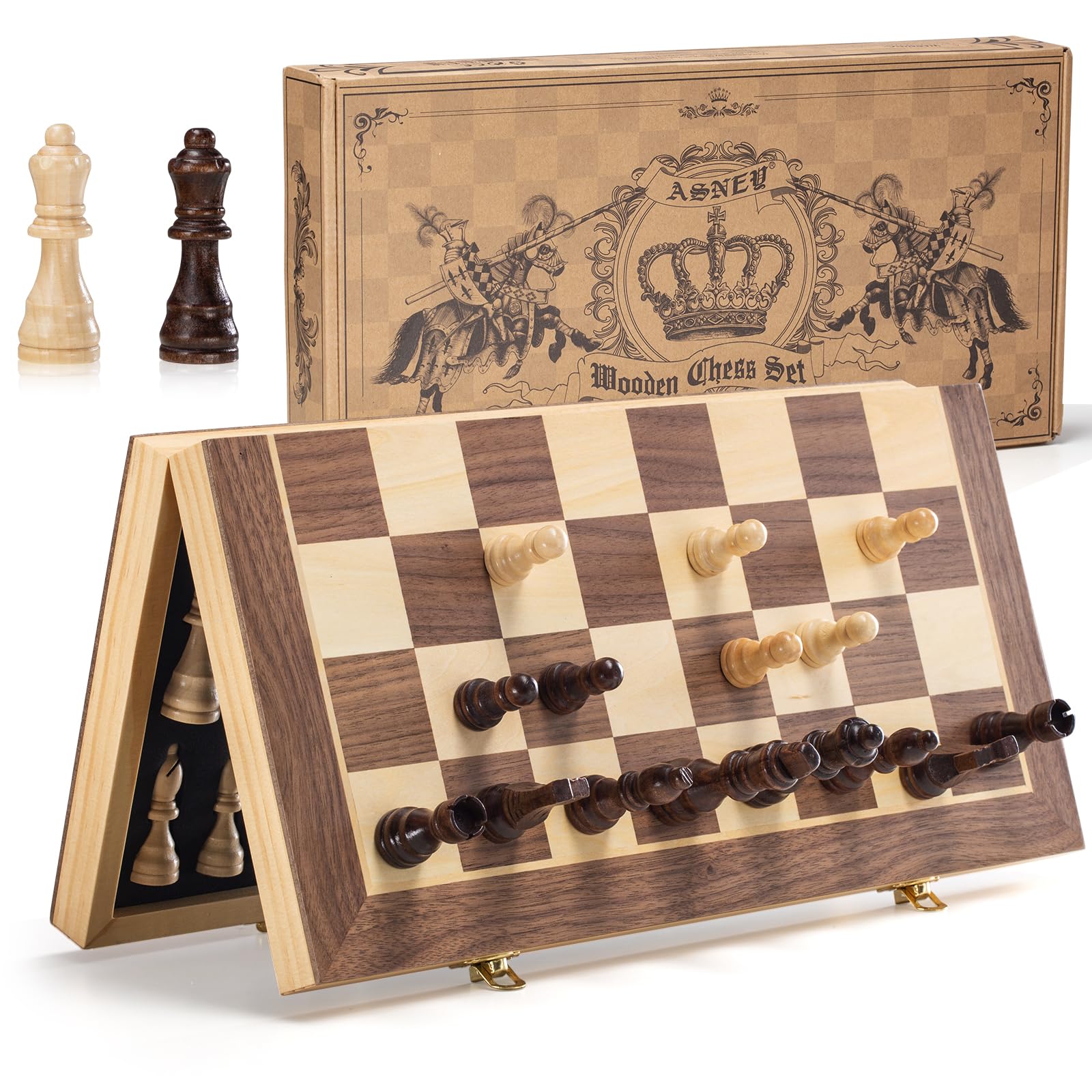 ASNEY Upgraded Magnetic Chess Set, 15" Tournament Staunton Wooden Chess Board Game Set with Magnets, Crafted Chesspiece ans Storage Slots for Kids