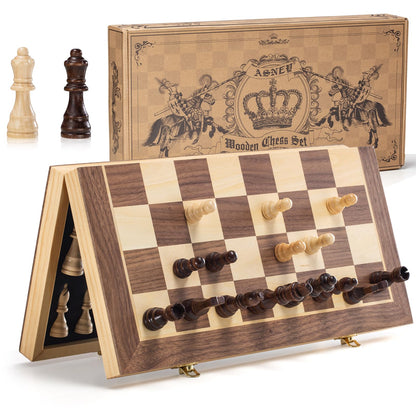 ASNEY Upgraded Magnetic Chess Set, 15" Tournament Staunton Wooden Chess Board Game Set with Magnets, Crafted Chesspiece ans Storage Slots for Kids