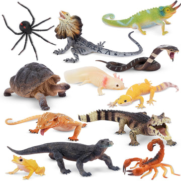 Toymany Reptile Animal Figurine Toys Set, 12 PCS Halloween Desert Amphibians Animal Figures with Komodo Dragon Lizard Snake Chameleon Rainforest Cold