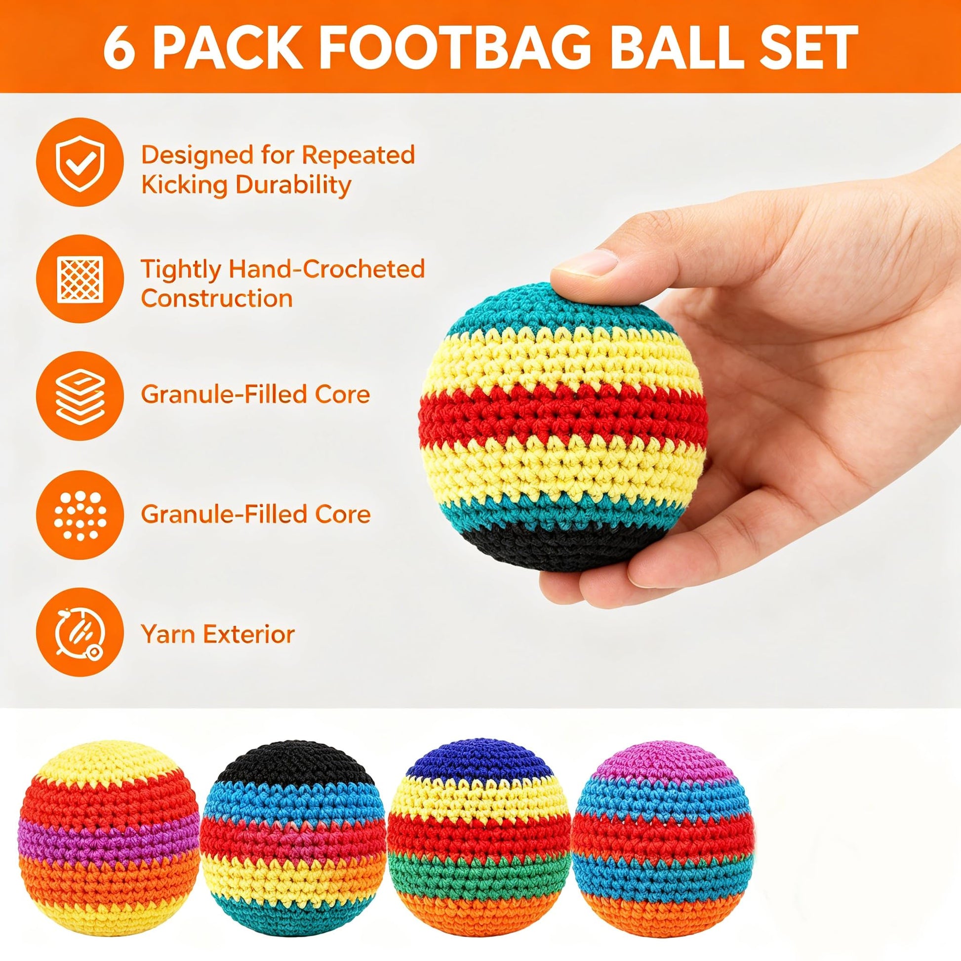 VKNMQLB 6 Pack Hacky Footbag Sack Set - Durable Knit Kick Bags Soft Kick Sack Balls for Adults & Beginners - Durable Juggling & Outdoor Game