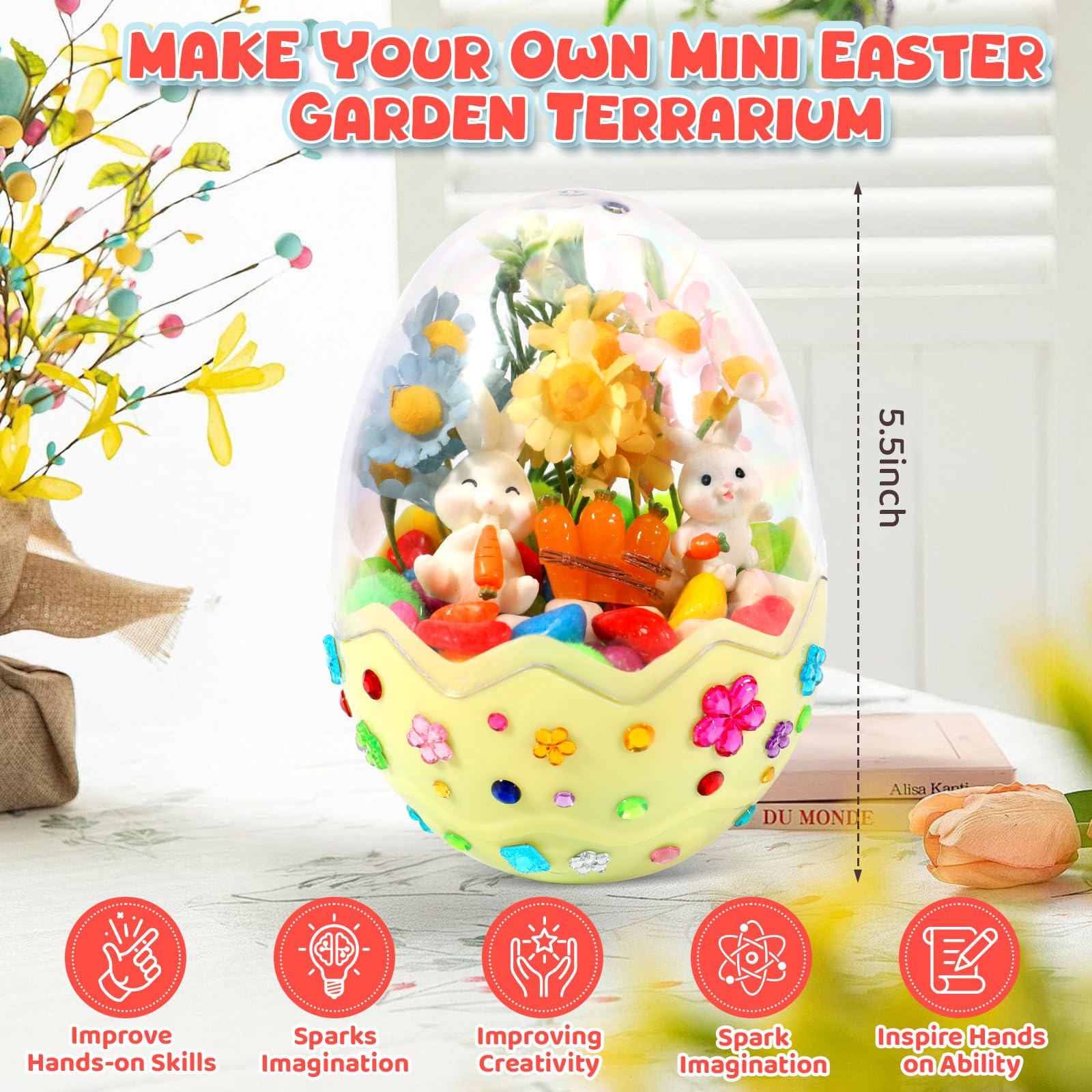 Easter Bunny Terrarium Kit for Kids, Mini Flower Garden Arts & Crafts, Easter Basket Stuffers, Rabbit Gardening Gift for Boys and Girls Ages 4-12