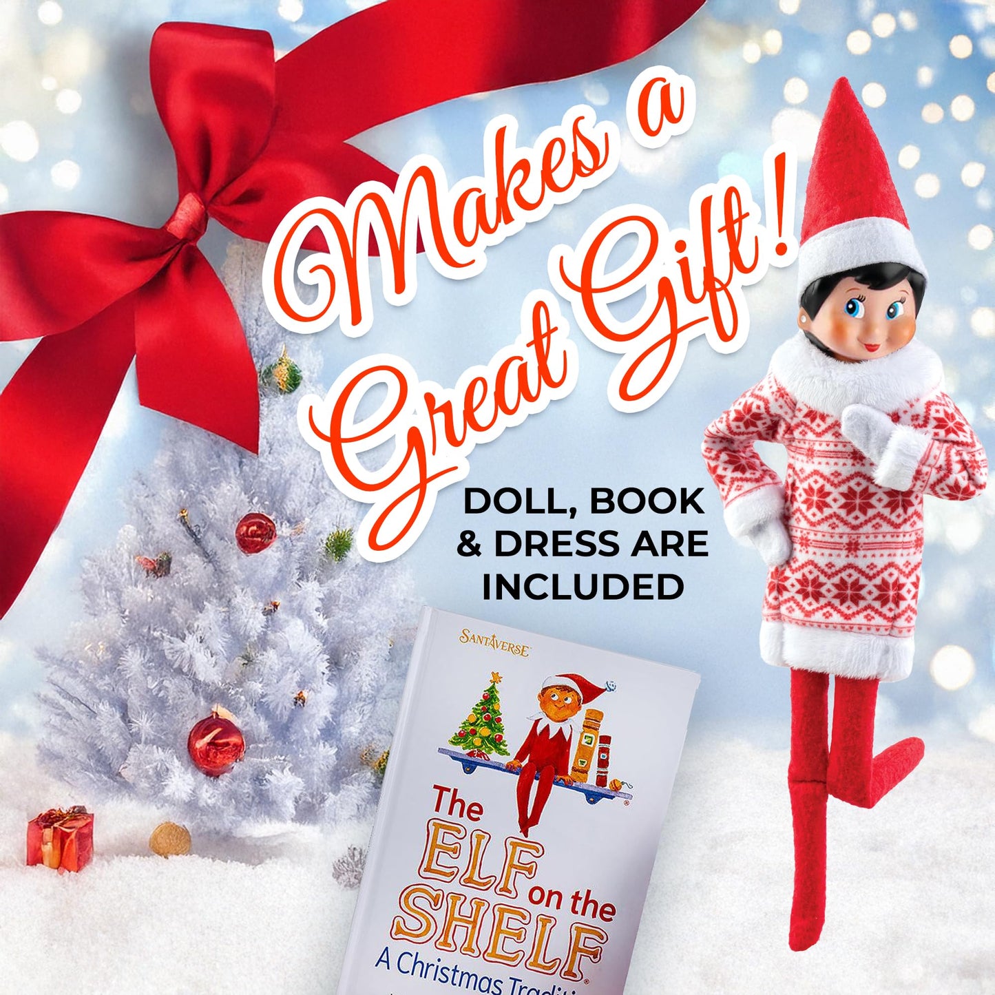 The Elf on the Shelf Scout Elf with Blue Eyes, Christmas Tradition Book Set with Claus Couture Snowflake Sweetie Fair Isle Dress, Red and White