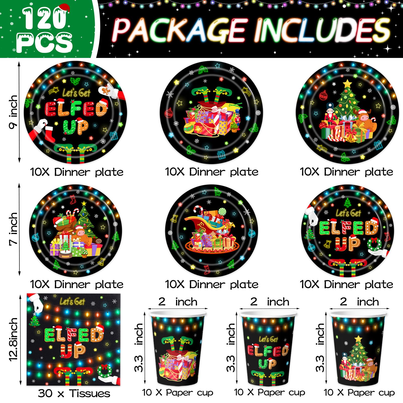 Christmas Party Supplies Disposable Let's Get Elfed Up Tableware Set includes Paper Plates,Napkins and Cups for Elf Christmas Party Supplies,Serve 30