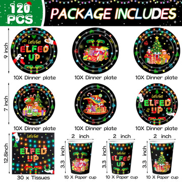 Christmas Party Supplies Disposable Let's Get Elfed Up Tableware Set includes Paper Plates,Napkins and Cups for Elf Christmas Party Supplies,Serve 30