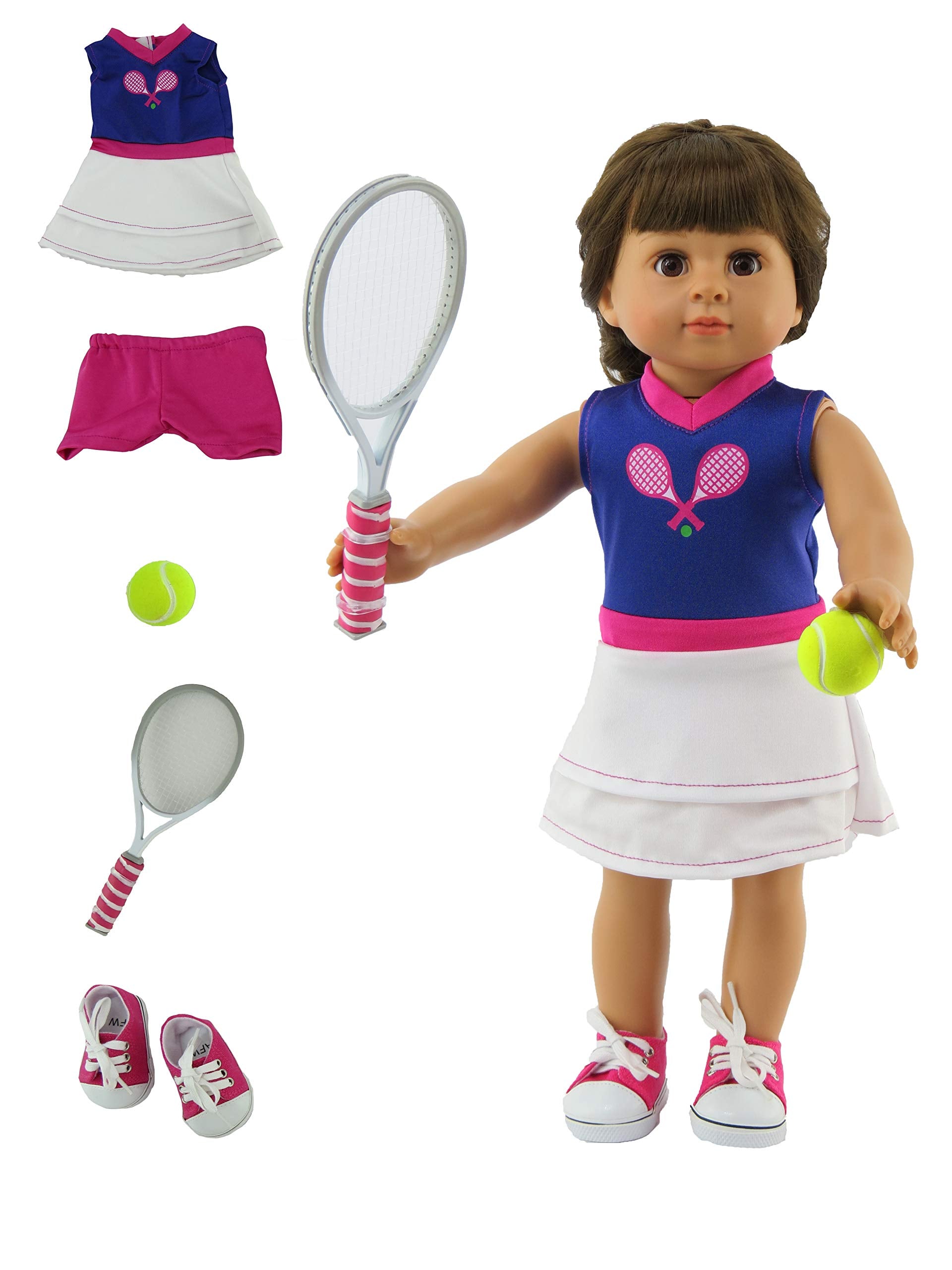 American Fashion World Purple & White Tennis Outfit Set for 18-inch Dolls| 5 Piece Set | Premium Quality & Trendy Design | Dolls Clothes | Outfit