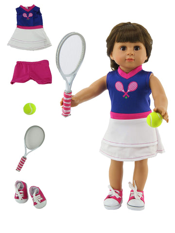 American Fashion World Purple & White Tennis Outfit Set for 18-inch Dolls| 5 Piece Set | Premium Quality & Trendy Design | Dolls Clothes | Outfit