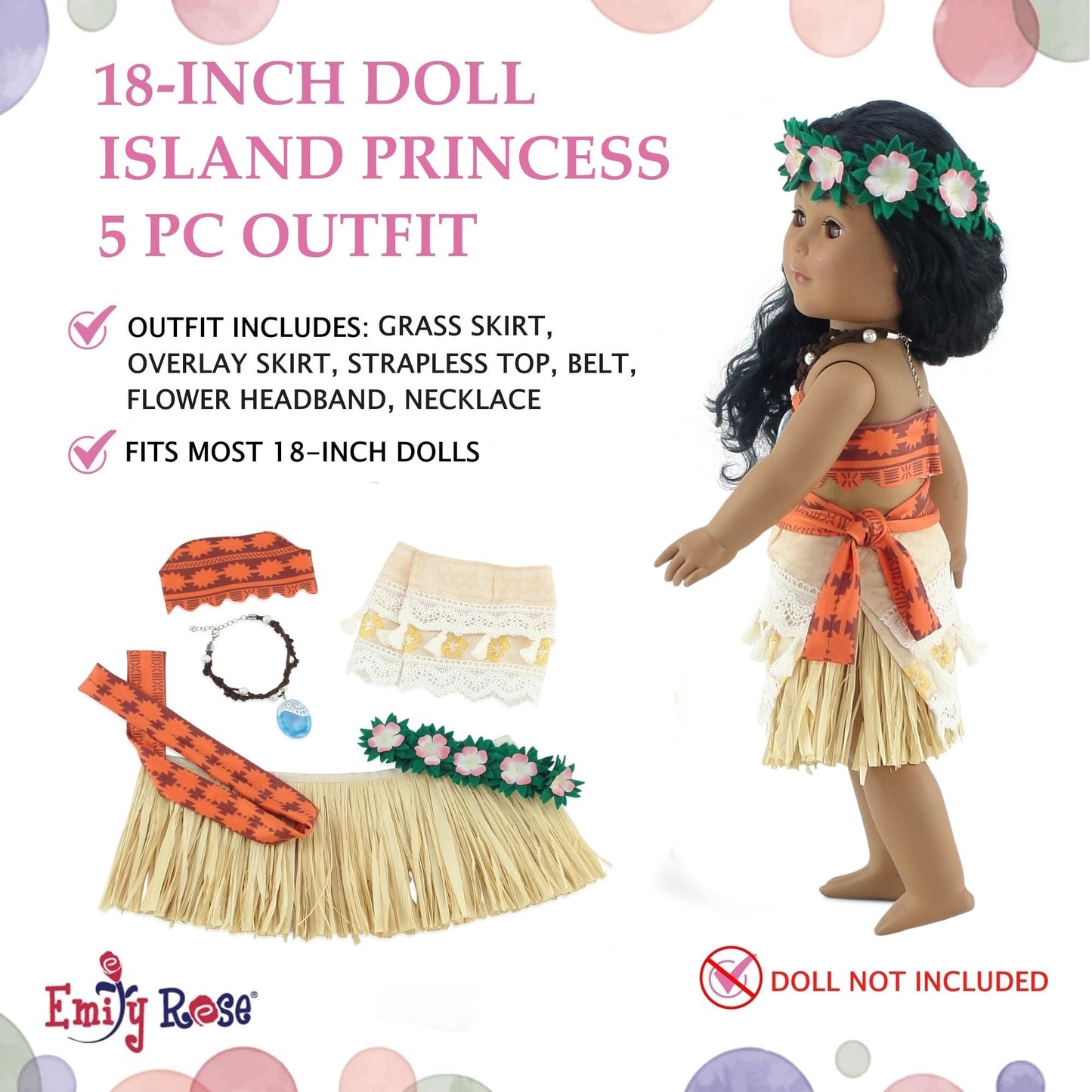 Emily Rose 18" Doll Princess Value Bundle - 10-Piece Island Princess & Royal Ball Gown Gift Set with Crown, Necklace & Shoes - Holiday Dress Up