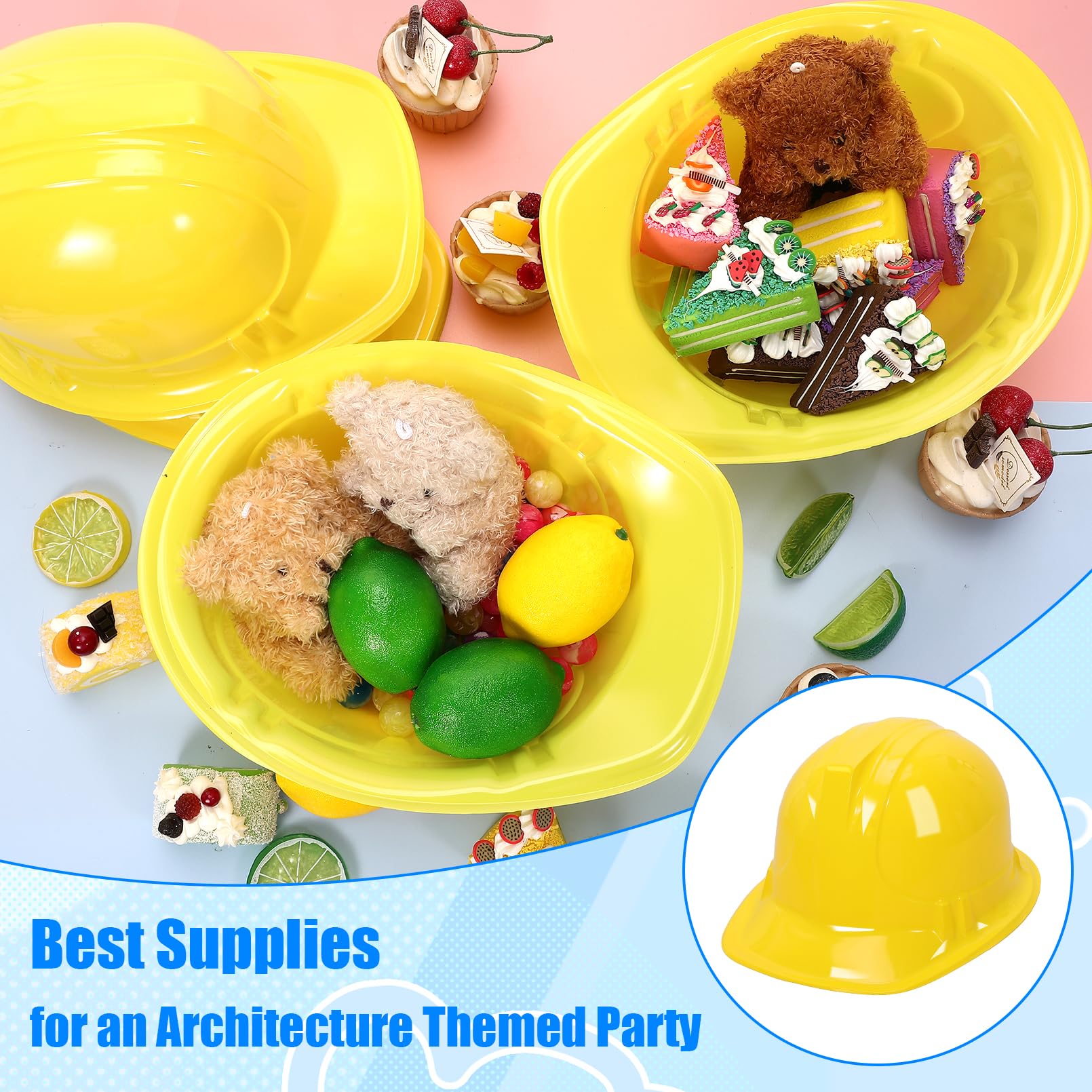 Blcculi 16 Pack Yellow Soft Plastic Hard Hats, Toy Construction Worker Helmets for Dress-Up and Party Supplies