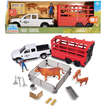 Big Country Toys: Truck & Cattle Trailer Adventure - 18pc Farm Toy Playset, Light-Sound White Pickup, Articulated Animals & Rancher Figure, Kids 3+