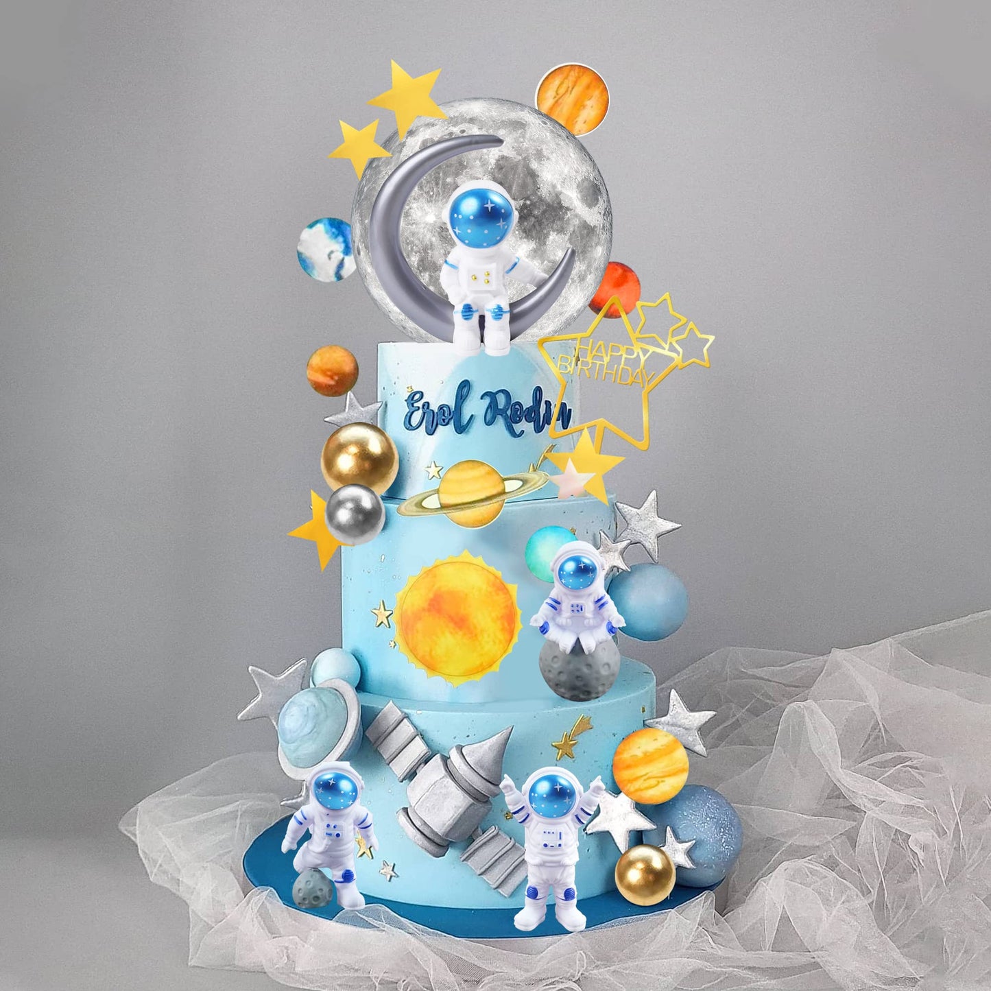 34 PCS Space Cake Toppers Outer Astronaut Figurines Planet Satellite Balls and Stars for Space Theme Birthday Supplies (Planet)