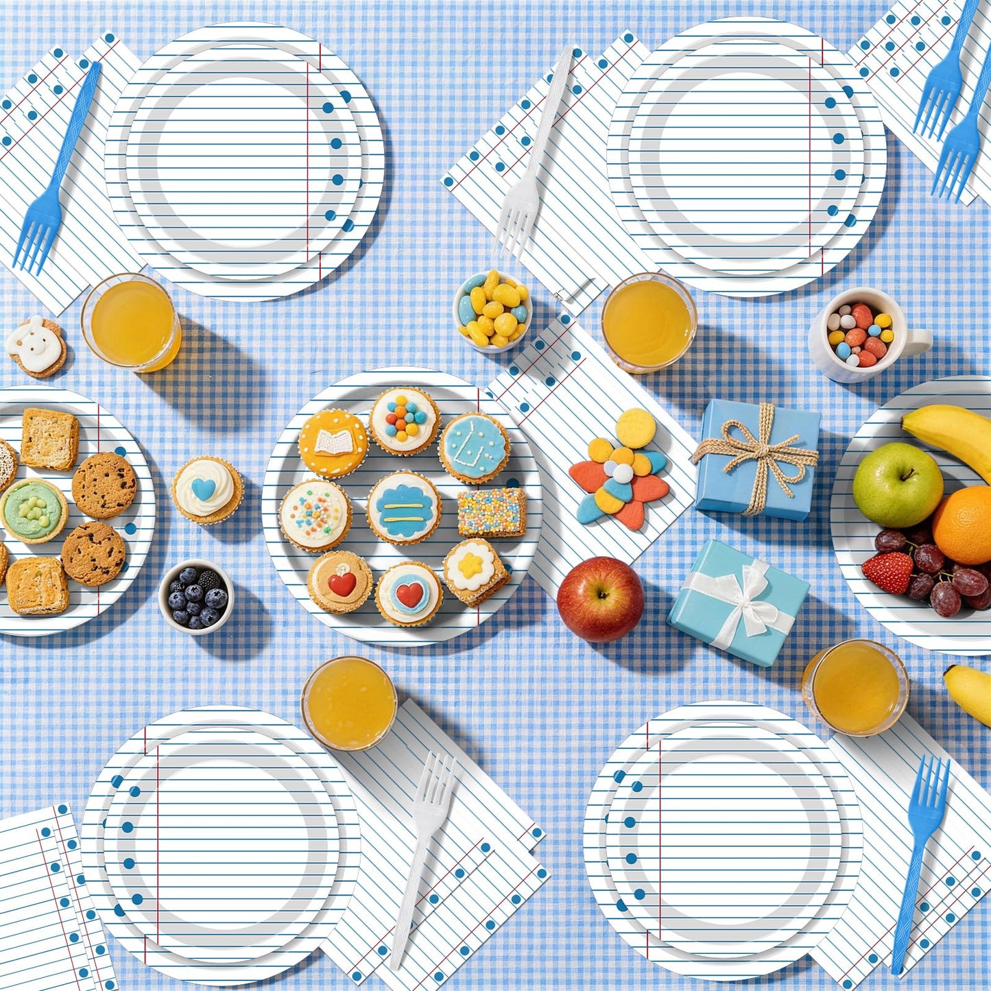 100 Pcs Back to School Party Supplies - Serves 25, Notebook Lined Paper Disposable Tableware, Includes Paper Plates, Napkins, and Plastic Forks