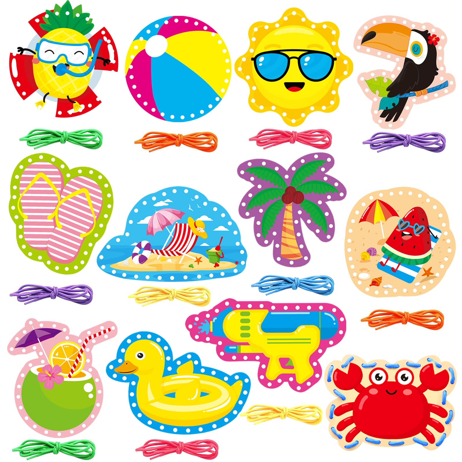 Summer Lacing Cards Sewing Kits For Kids 12 Pack Beach Theme Pool Party Decoration Double Sided Cardboard Lacing Playing Games for Boys Girls