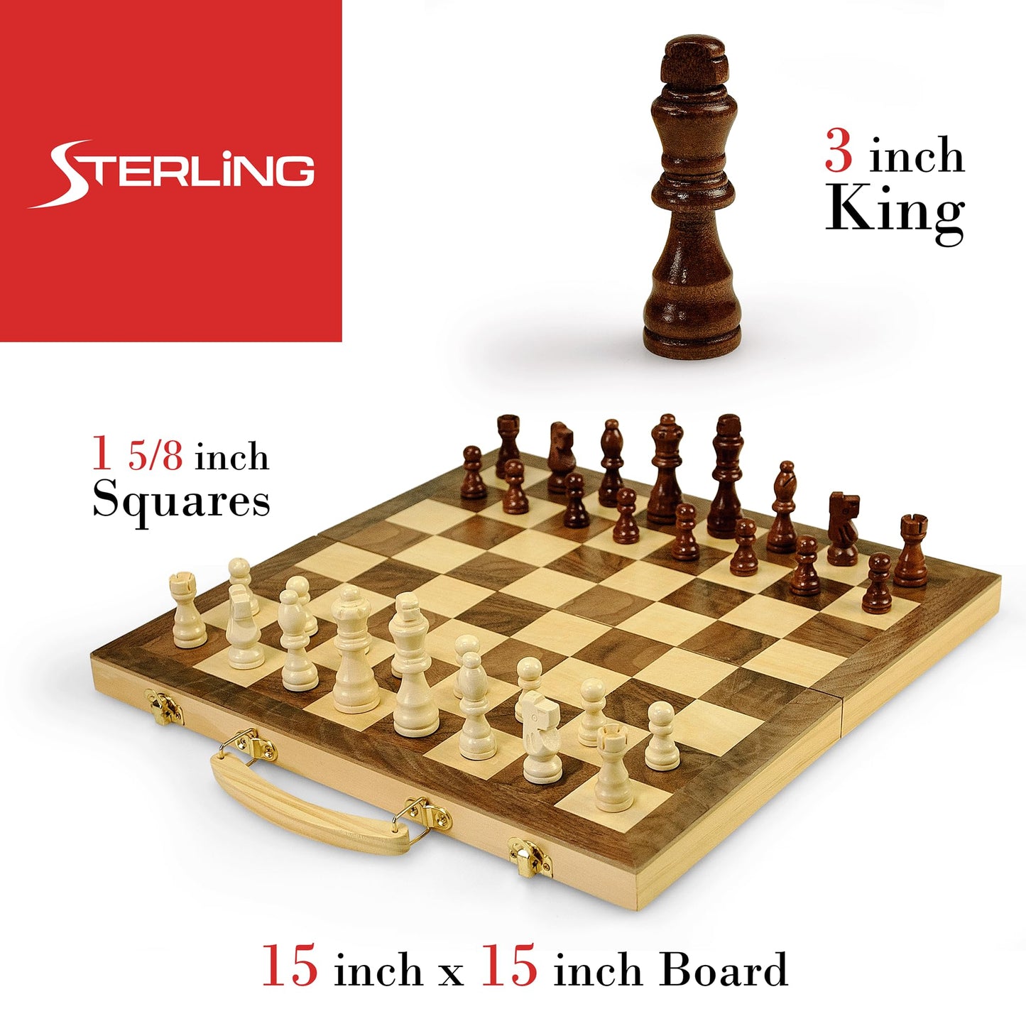 Sterling Games 16" Solid Wooden Chess Set Travel Folding Board with Brass Locks and Felted Interior Storage with Piece Holders