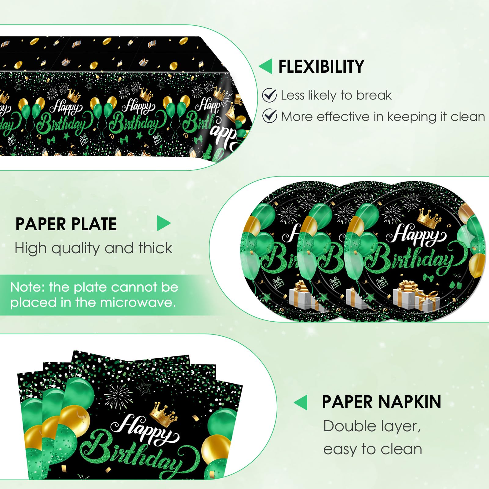 Green Birthday Decorations for Men Boys,Green and Black Party Tableware Set Include Birthday Plates Napkins and Tablecloth,for Mens Boy Bday Party