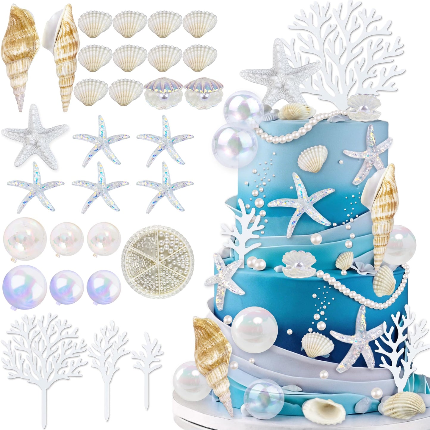30PCS Starfish Conch Shells Coral Cake Decorations with Ball Beach Themed Ocean Summer Birthday Supplies