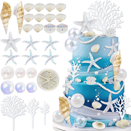 30PCS Starfish Conch Shells Coral Cake Decorations with Ball Beach Themed Ocean Summer Birthday Supplies