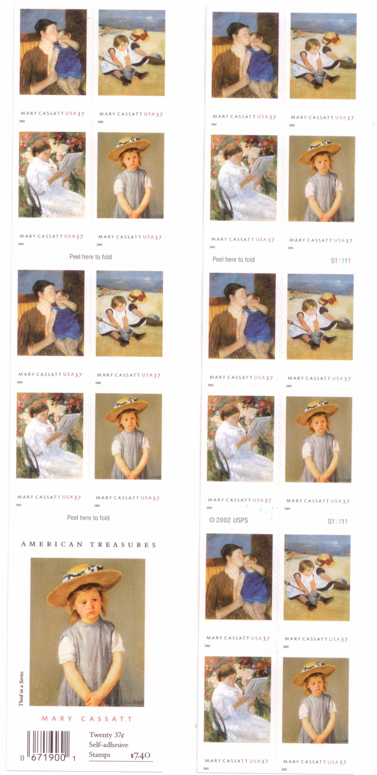 MARY CASSATT ~ PAINTER #3807b Booklet of 20 x 37¢ US Postage Stamps