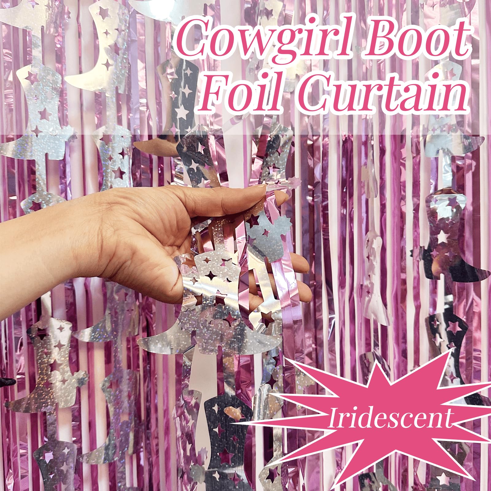 4 Pcs Cowgirl Party Decorations - 2 Boot Silver Metallic Tinsel Fringe Curtains & 2 Candy Pink Backdrops for Birthday Supplies Last Rodeo Bachelorette
