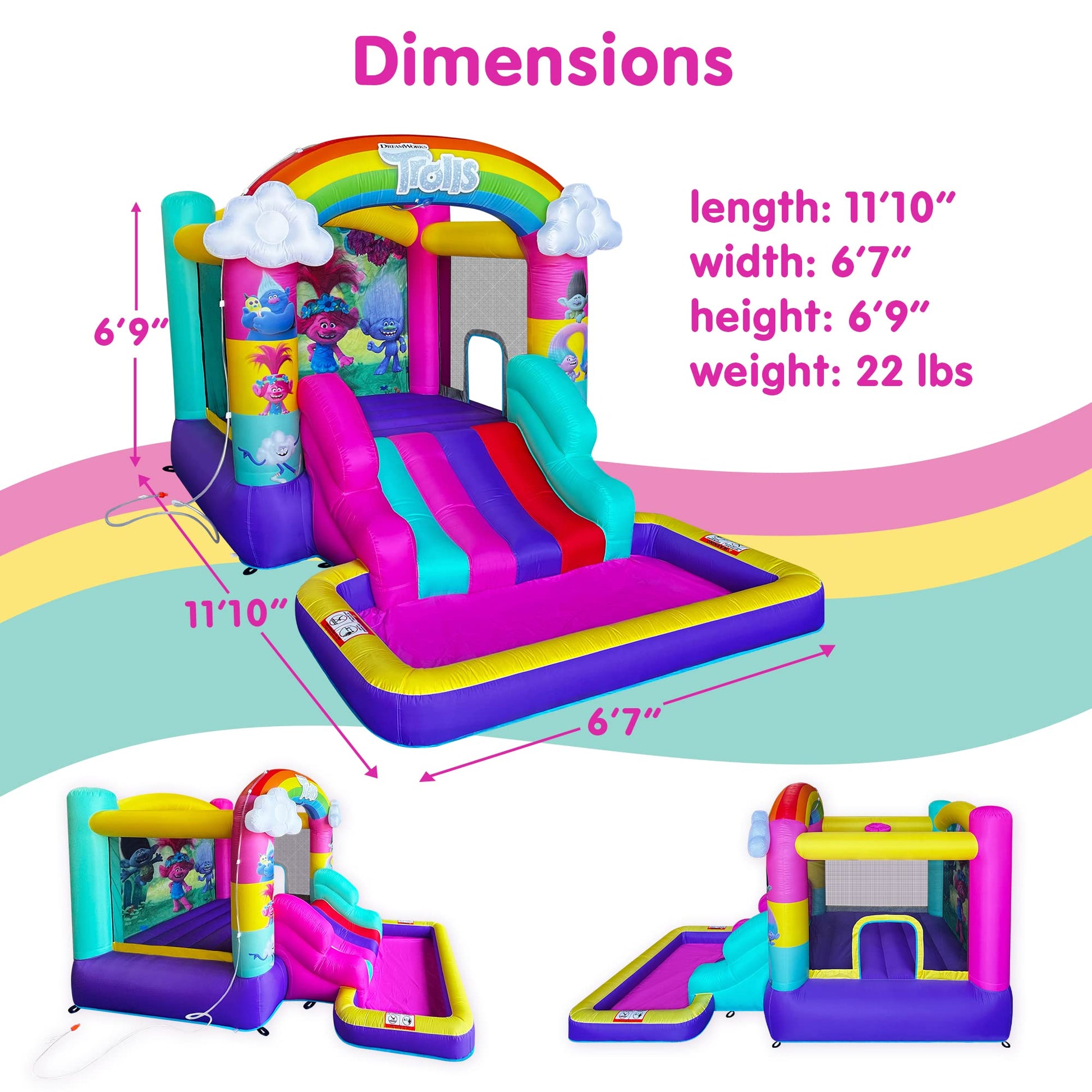 Funormous Trolls Inflatable Waterslide Bouncy Castle with Slide, Outdoor Indoor Bounce House with Ball Pit for Kids Ages 3-8, Plus Heavy Duty Air
