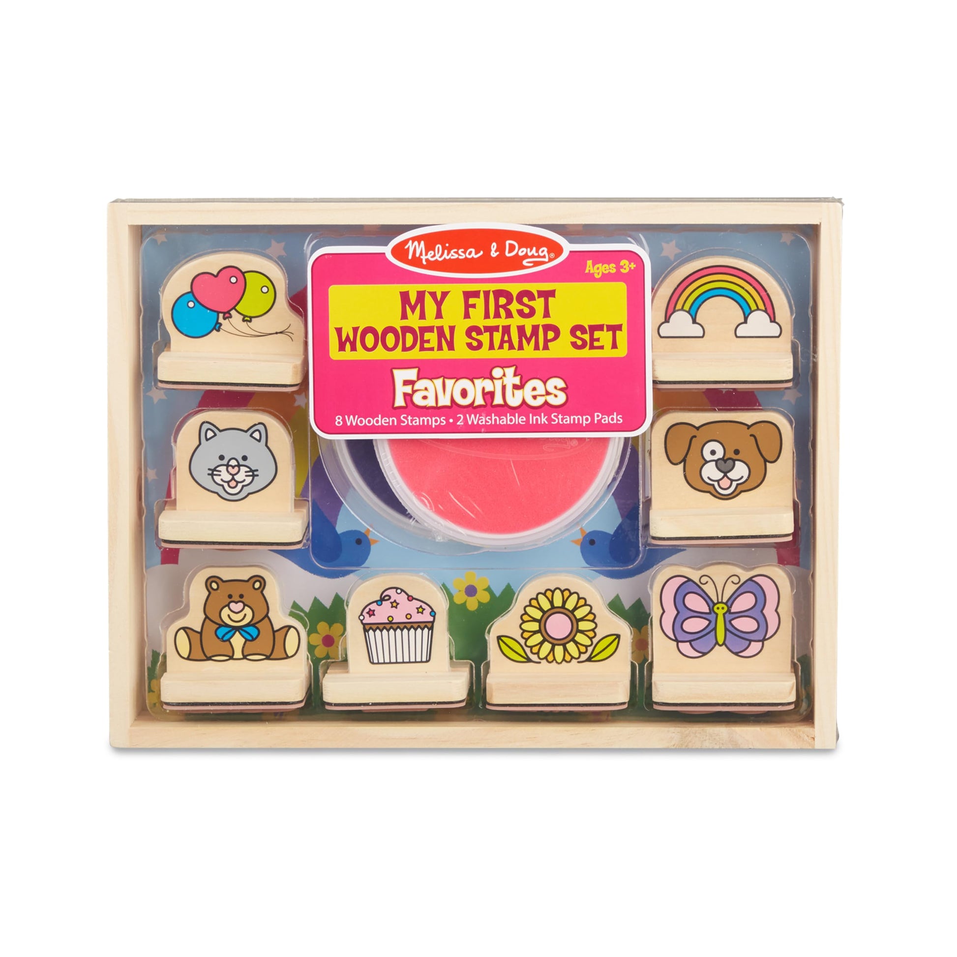 Melissa & Doug My First Wooden Stamp Set Favorites (8 Stamps with Handles, 2 Washable Ink Pads) Wooden Kids Stamps with Handles Set, for Kids Ages 3+
