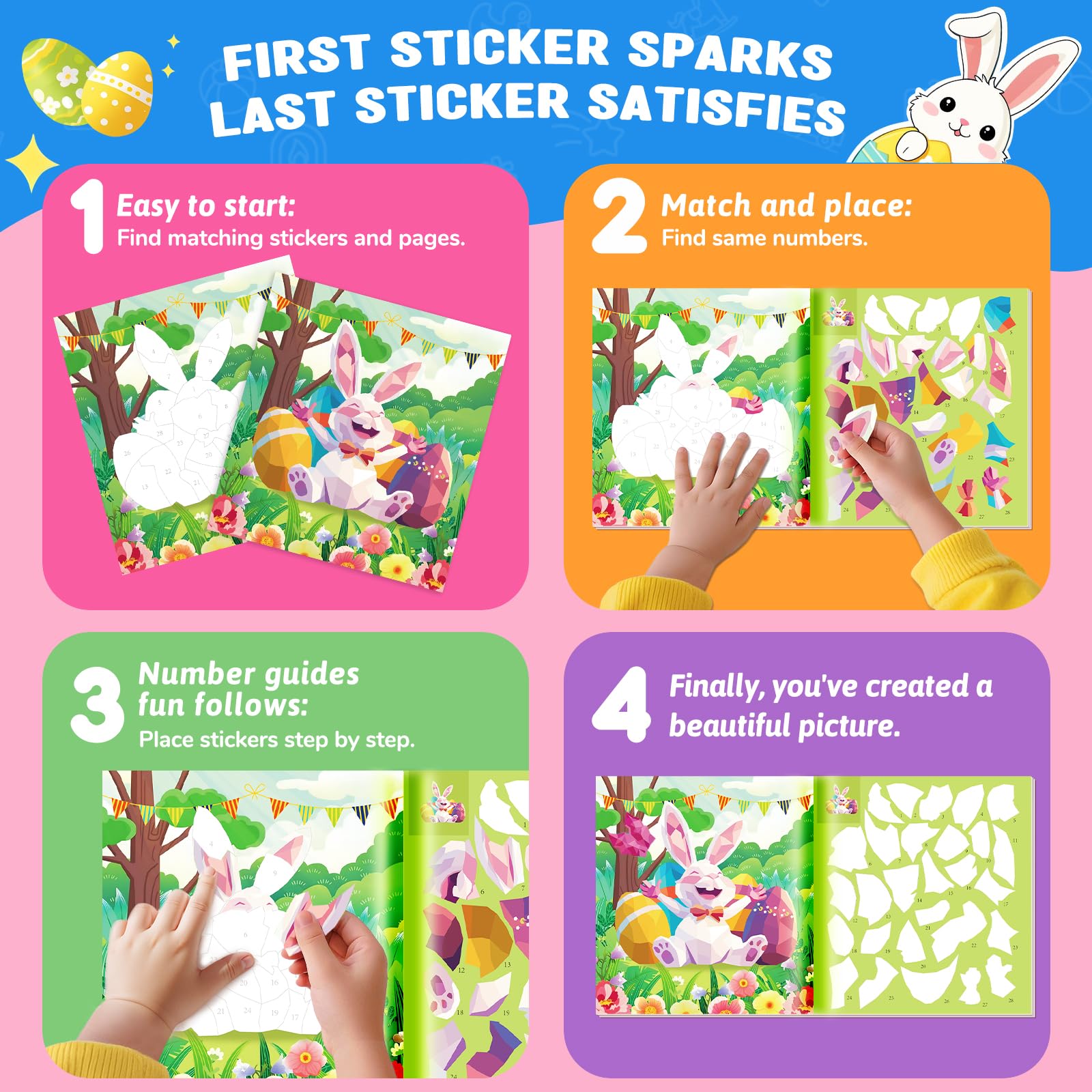 CutteeyFyry Paint by Number Sticker Book for Girls Kids - Road Trip & Airplane Activities Toys, Easter Basket Stuffers, Bunny Egg Unicorn, Birthday
