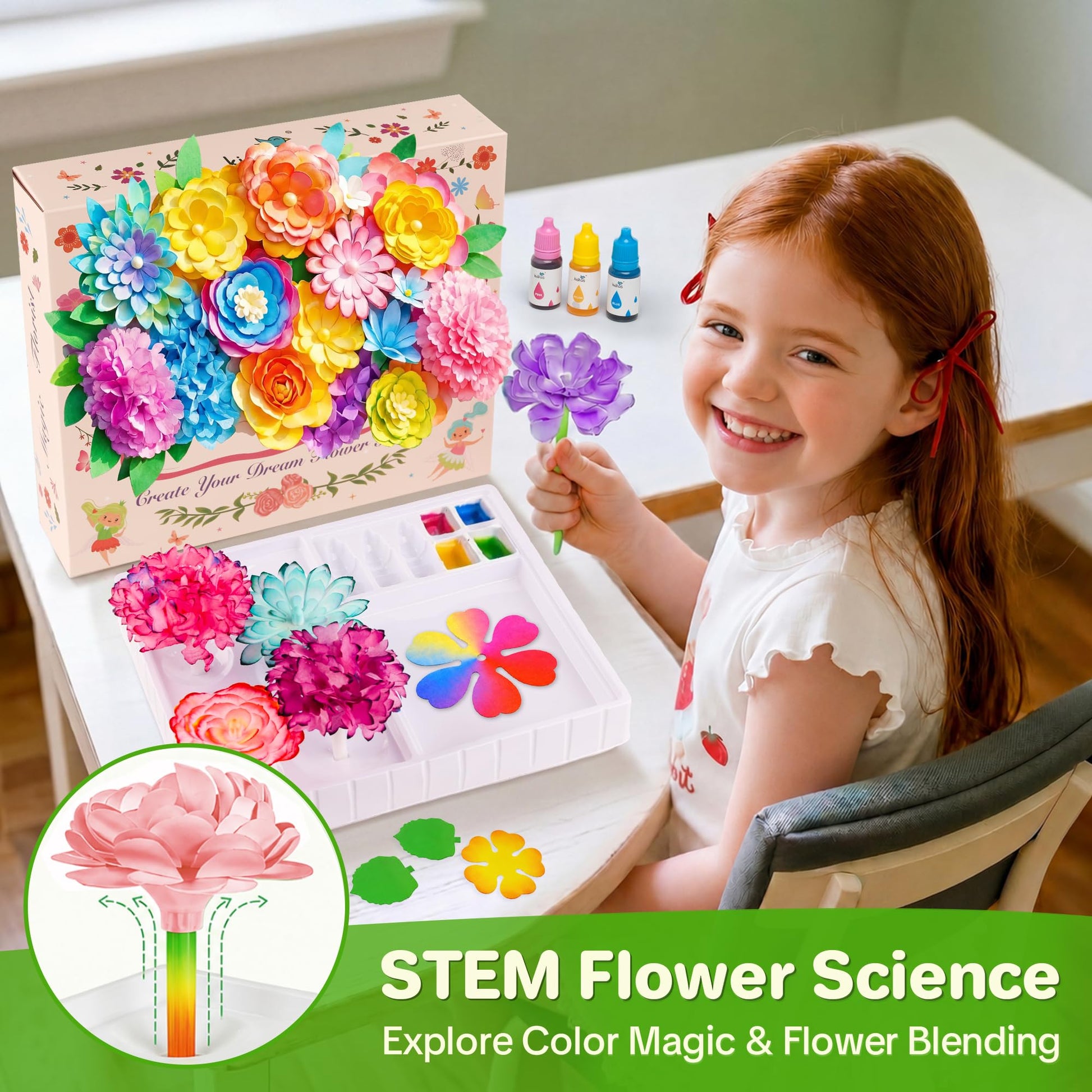 Kiditos Magic Flower Craft Kit for Girls, DIY Color Changing Flower Bouquet Craft & Science Kit, Arts & Crafts STEM Toy, Creative Birthday Gift