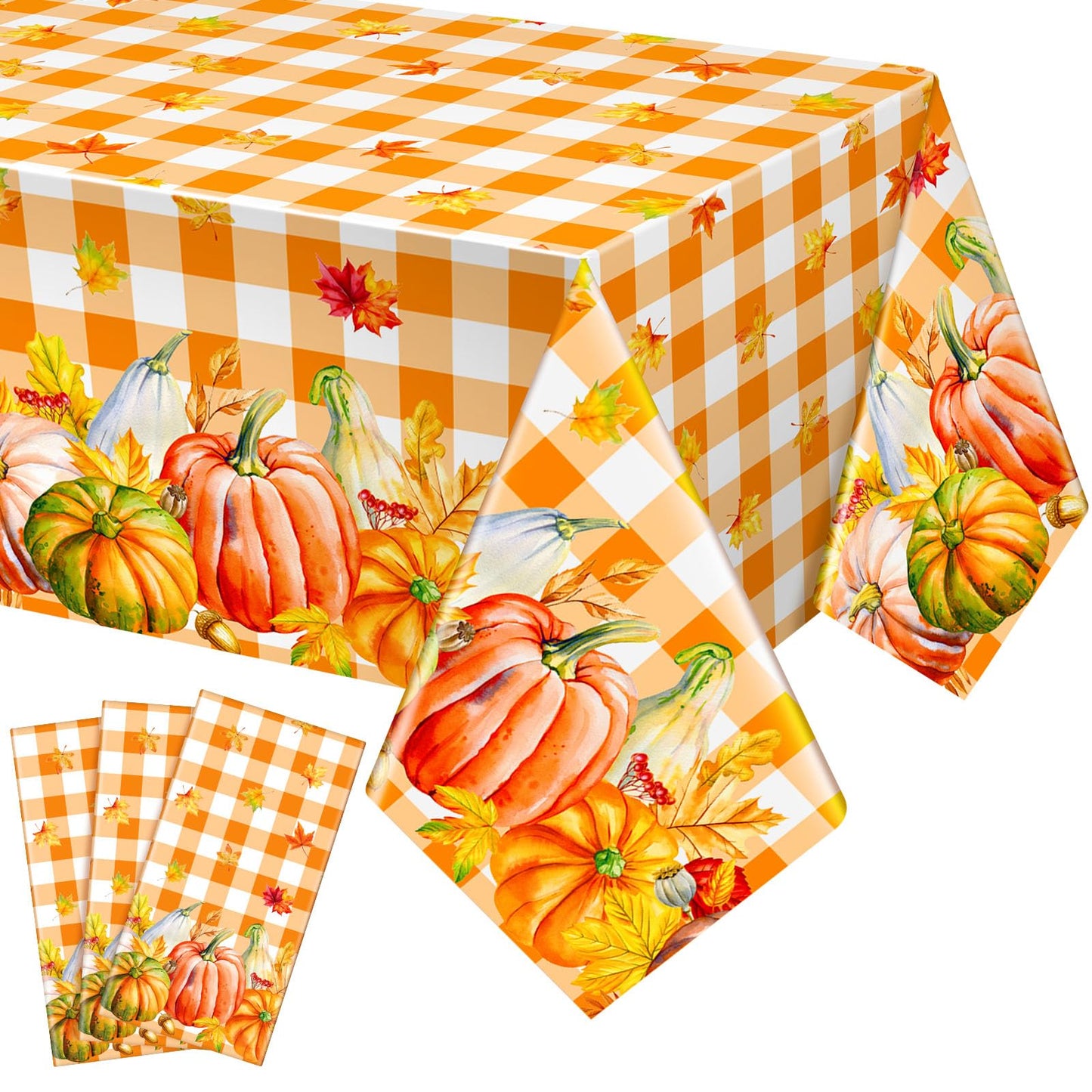 Newwiee 3 Pcs Thanksgiving Disposable Tablecloths Plastic Fall Table Covers 54 x 108 Inch Autumn Rectangle Tablecloths Pumpkin Maple Leaves Turkey