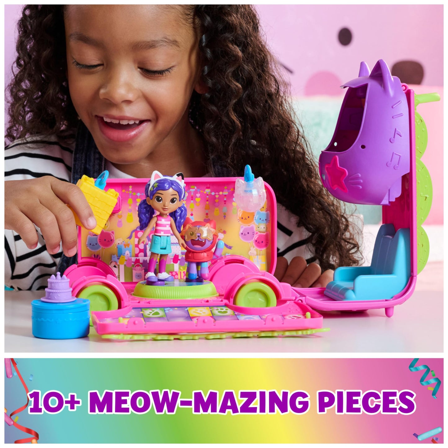 DreamWorks GABBY'S Dollhouse Celebration Party Bus, Transforming Playset with Gabby & DJ Catnip Toy Figures & Dollhouse Accessories, Kids Toys