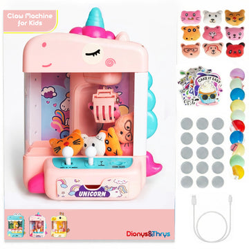 Claw Machine for Kids with 10 Plush Toys, 10 Surprise Eggs & 50 Stickers - Mini Arcade Claw Game with Silent Mode, LED Lights, USB or Battery Powered
