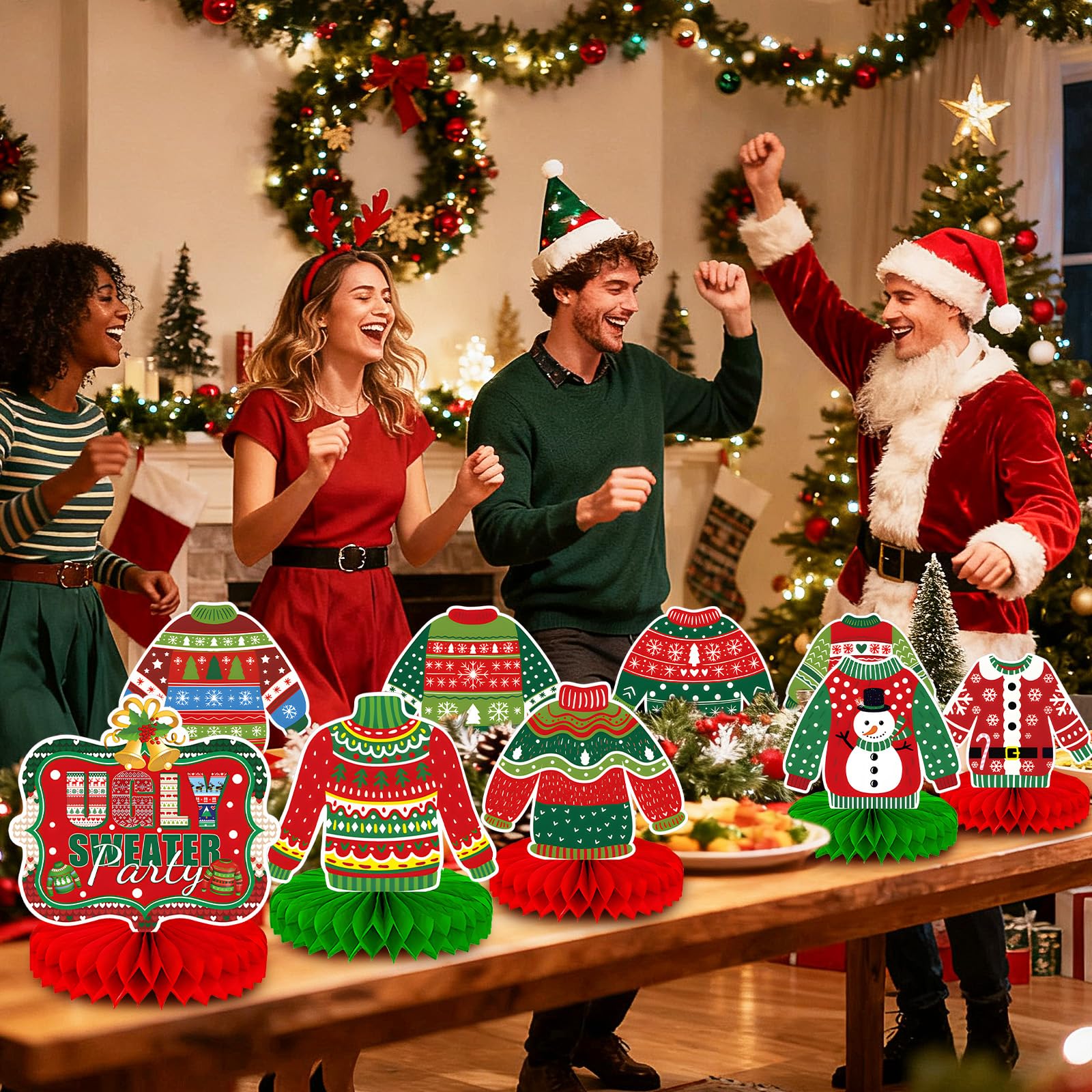 9 Pieces Ugly Christmas Sweater Honeycomb Centerpieces Table Decor, Holiday Party Table Toppers Ornaments Signs, Fun Xmas Sweater Party Decorations