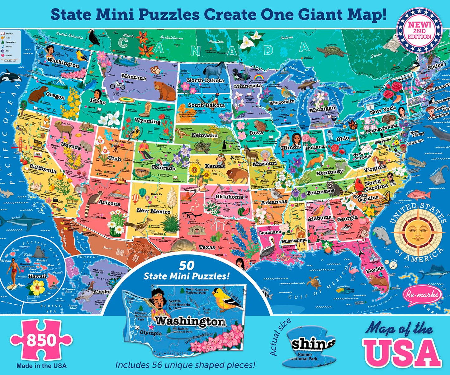 America’s 50 State Jigsaw Puzzle, Educational USA Map with Unique State Shaped Pieces, 850 Pieces, Fun & Interactive Learning for All Ages, Made in