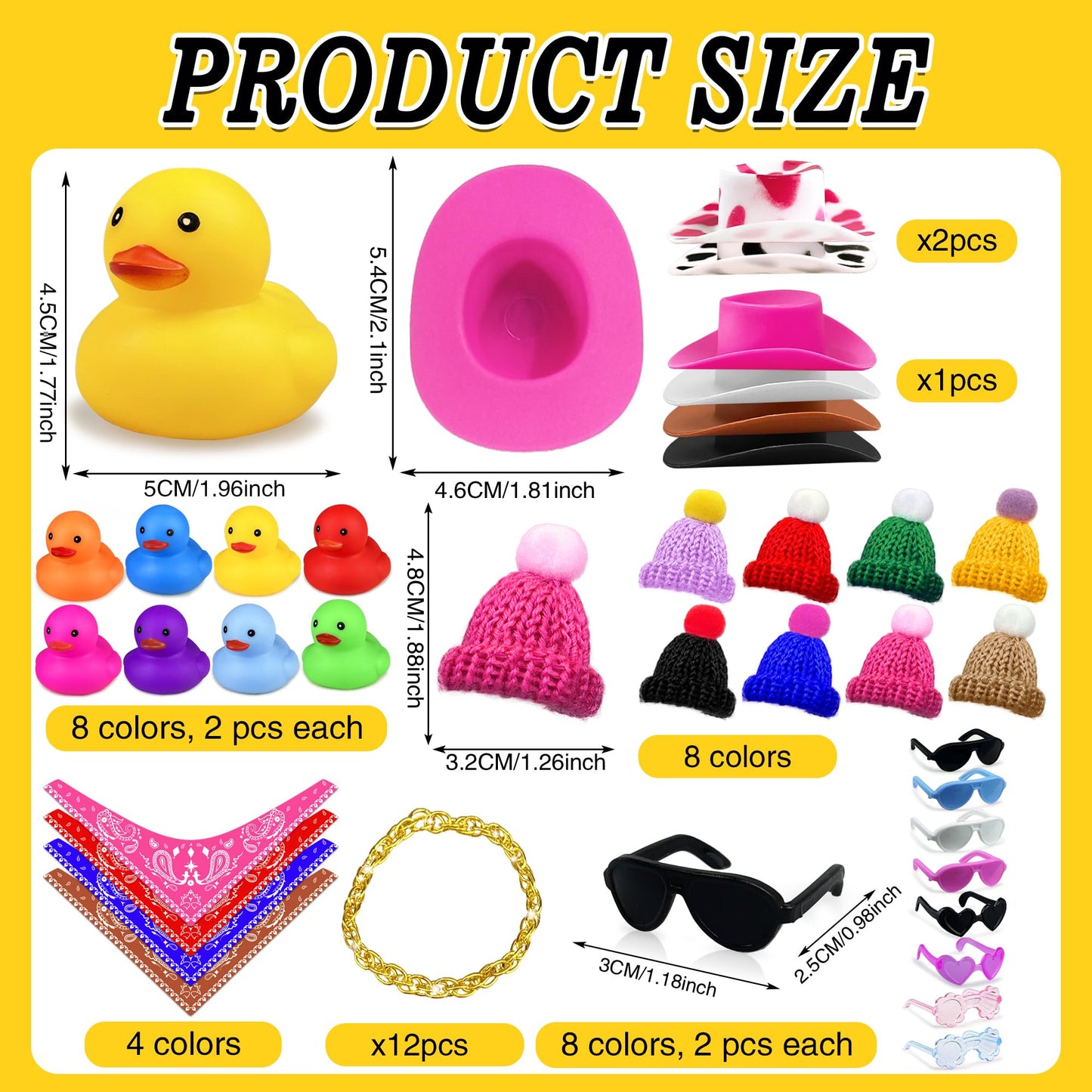 16Set 64PCS Mini Duck Toys Bulk Decoration with Hat Scarf Necklace Sunglasses Cute Tiny Duck Figurines for Kids Teens Birthday Baby Shower Swimming