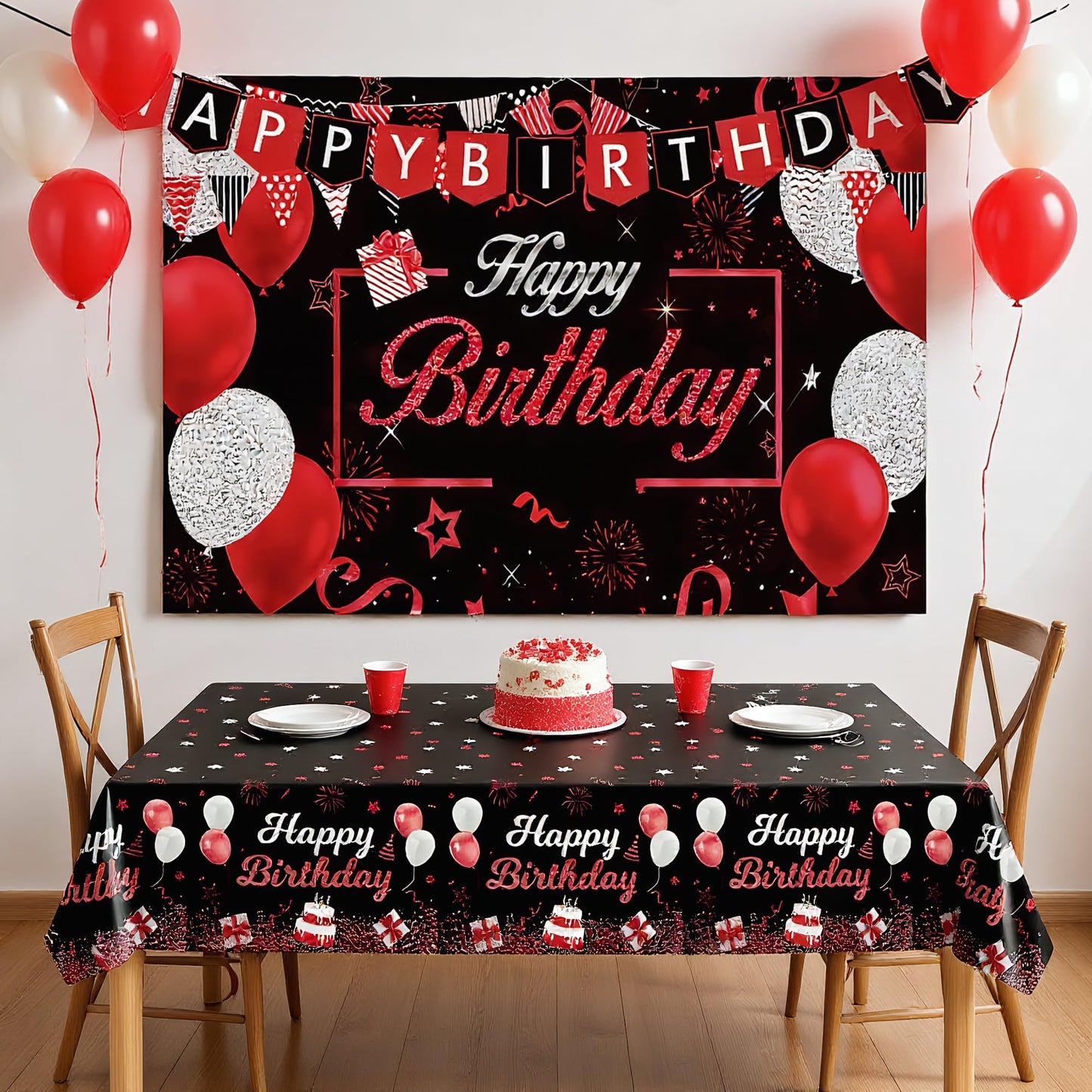 Red Birthday Background Party Supplies Decorations Red and Black Happy Birthday Banner Backdrop Tablecloth for Parties