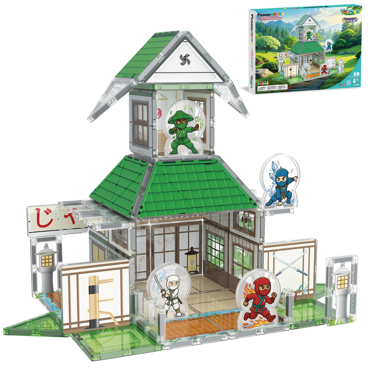 PicassoTiles Magnetic Tile Ninja Dojo Theme Set Two Sided Printed Designs Interior Exterior 3D Magnet Tiles 4 Character Ninjas STEM Education Learning