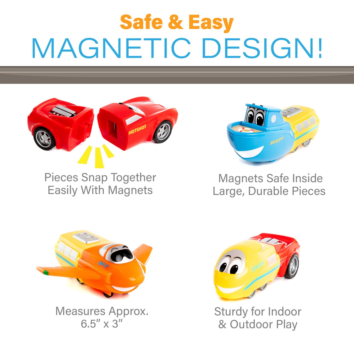 POPULAR PLAYTHINGS Magnetic Vehicles for Toddlers 1-3, Mix or Match Car Toys, Set of 4 Gift for Kids - Vehicles Junior