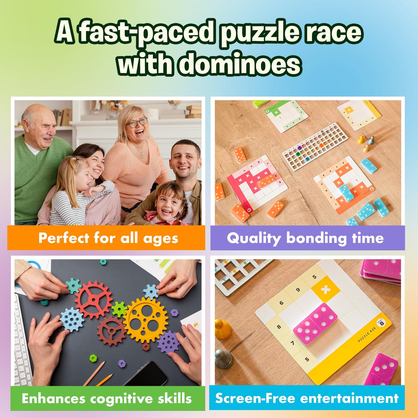 Uzzle Games - Sudonumo Domino - 24 Dominoes, 120 Puzzles, Multi-Level Difficulty (A-D), 2-4 Players, Ages 6+ - Fast-Paced Mind Games - Travel Games