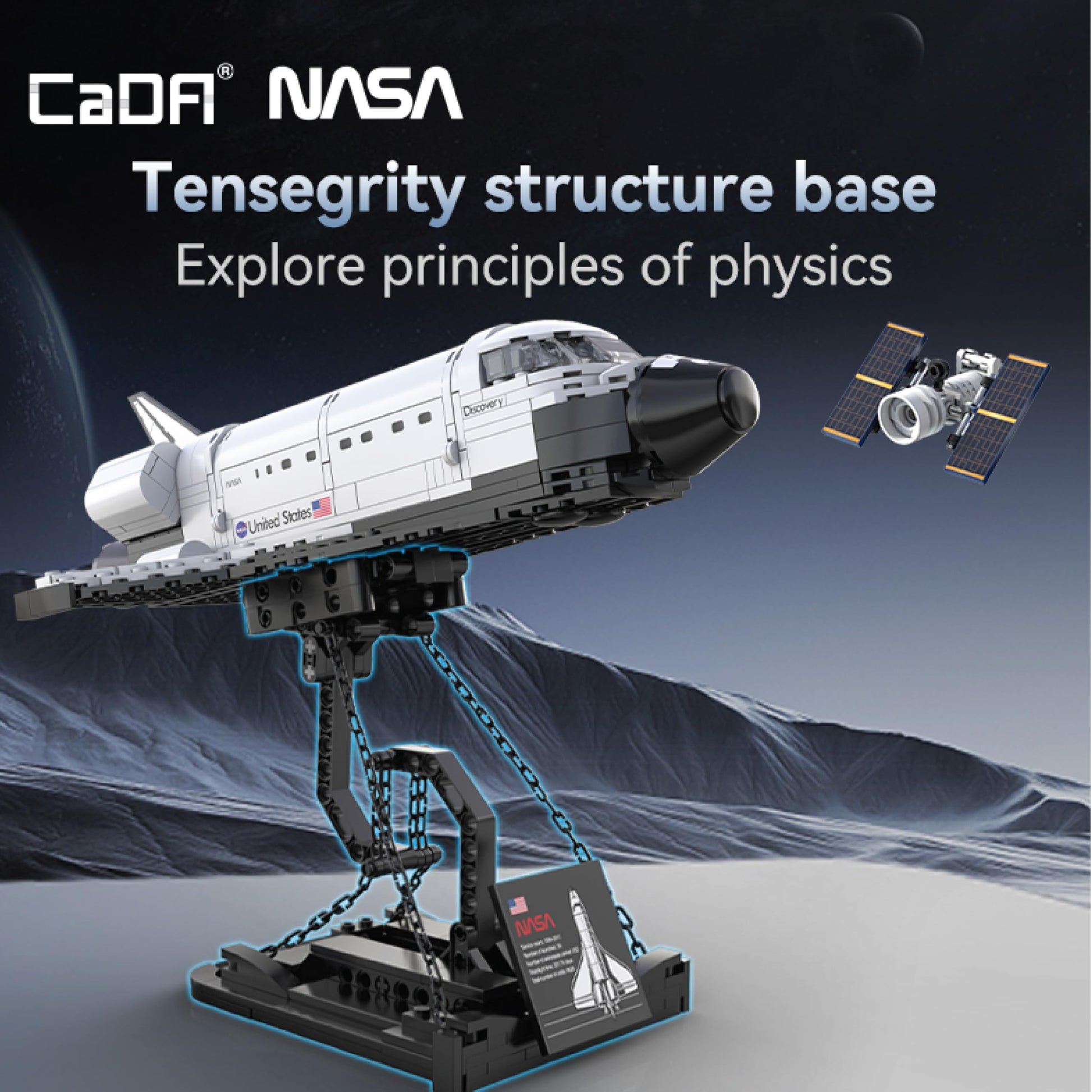CADA Bricks - NASA Space Shuttle Discovery Building Set with Satellite & Display Stand, 475 Pieces, NASA Shuttle Model Kit, Compatible with Major