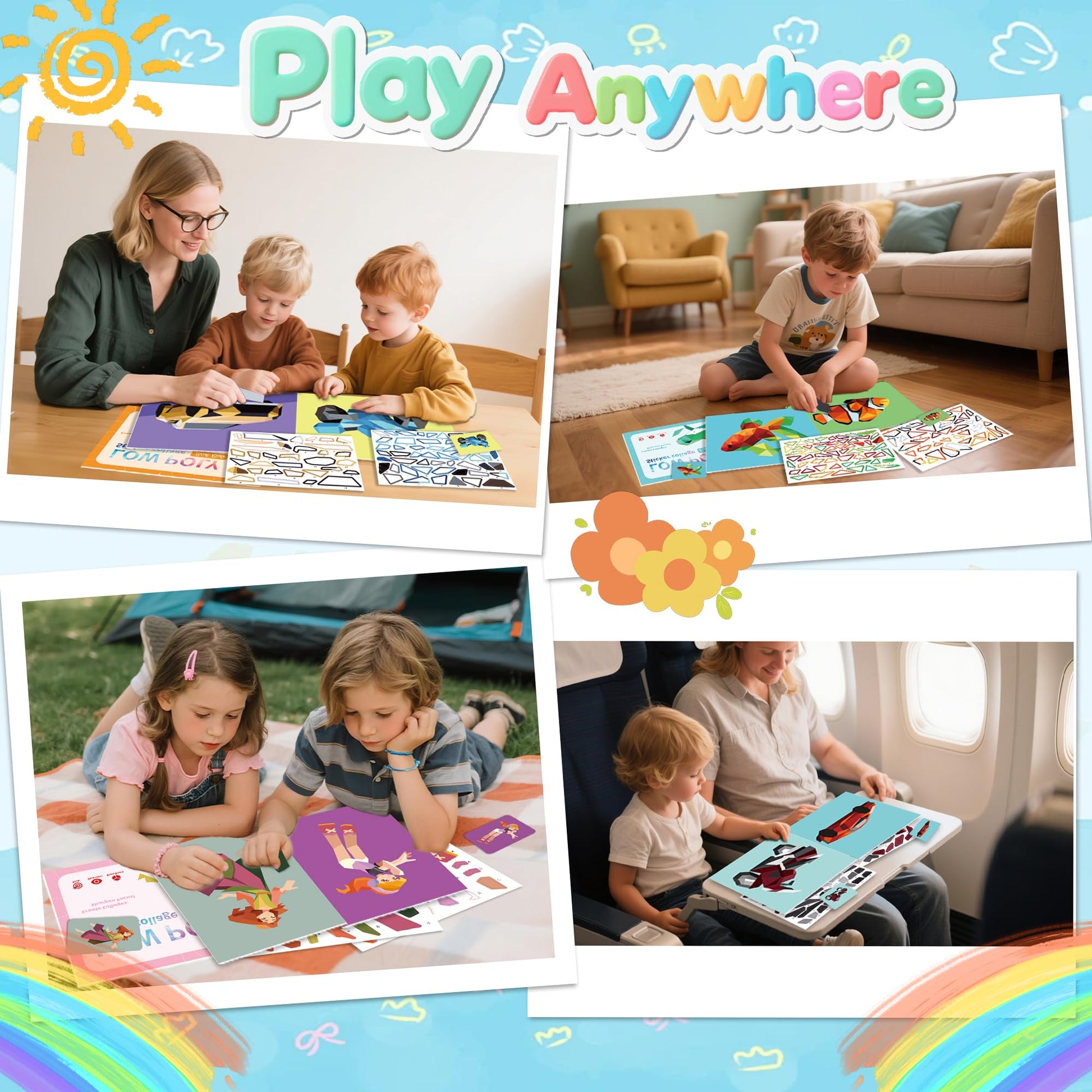 3 Packs in 1 Large Sticker Paint Books for Kids Ages 4-8, Create 24 Pictures, Perforated for Easy Tearing Vehicle & Princess & Animal, Sticker by
