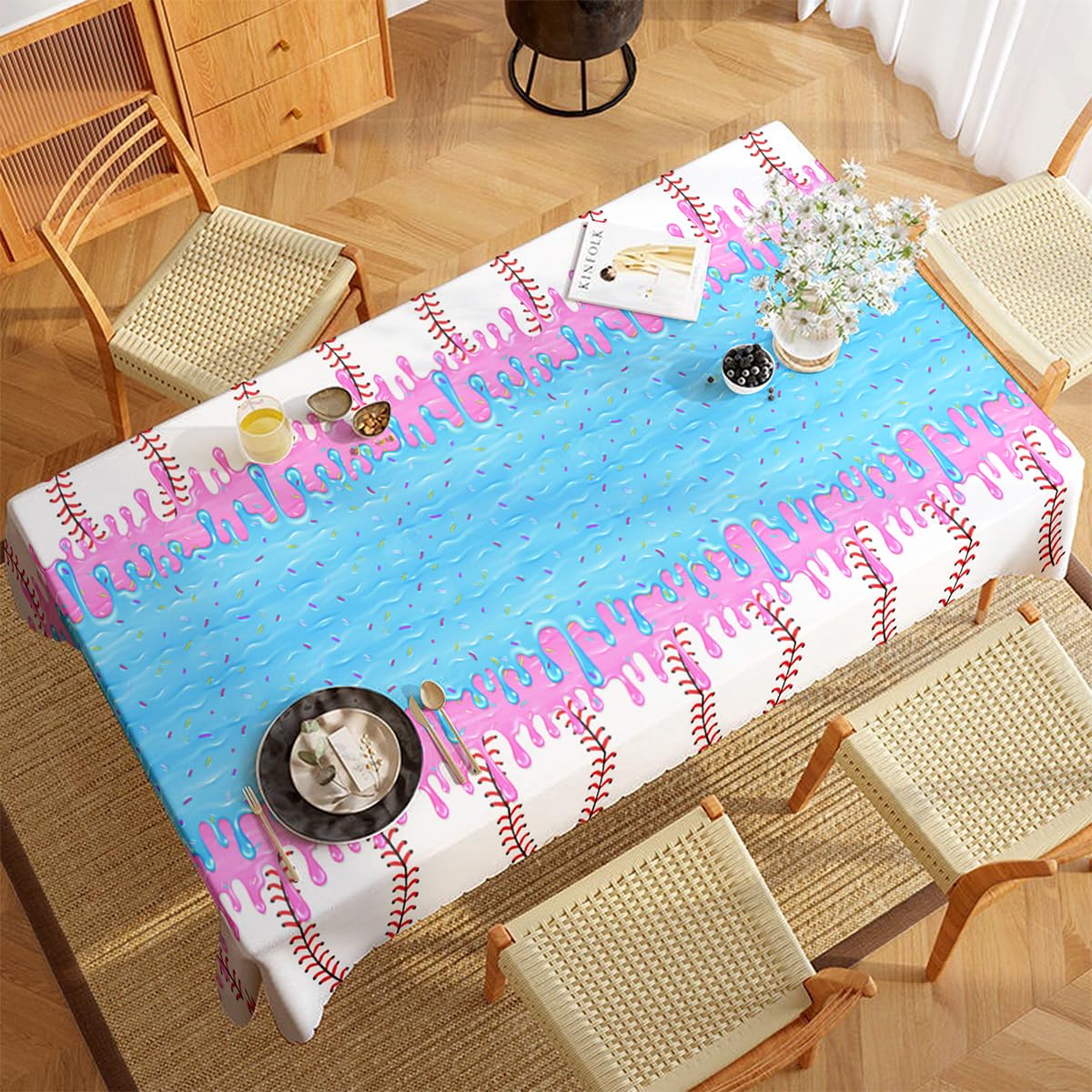 OUAOCZH 3Pcs Baseball Ice Cream Drip Birtrhday Party Tablecloth |108 x 54 Inch| Ice Cream Drip Summer Themed Plastic Tablecover Party Supplies