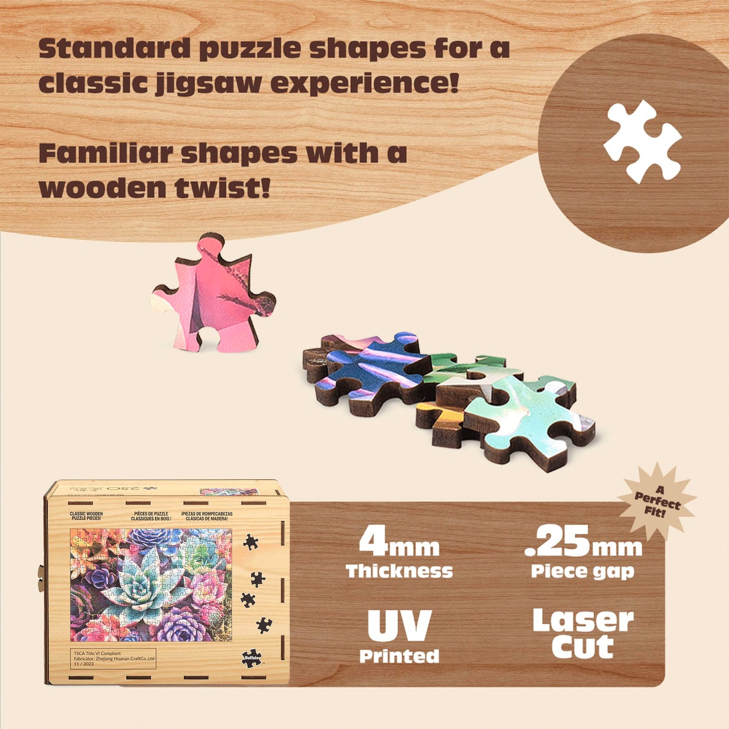 Buffalo Games - 250 Piece Wooden Jigsaw Puzzle Simple Succulents, Standard Shaped Whimsy Pieces, 26.75 x 19.75, Poster, Cloth Bag, Wooden Box, Adults