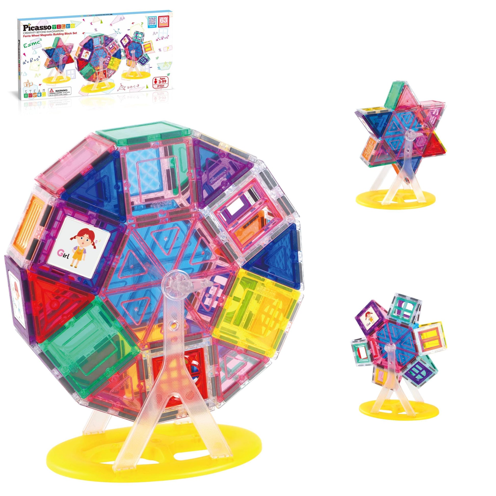 PicassoTiles Magnet Tile Building Blocks Ferris Wheel Amusement Rotating Playset Multi Structural Magnetic Tiles Toddlers Kids Educational STEM