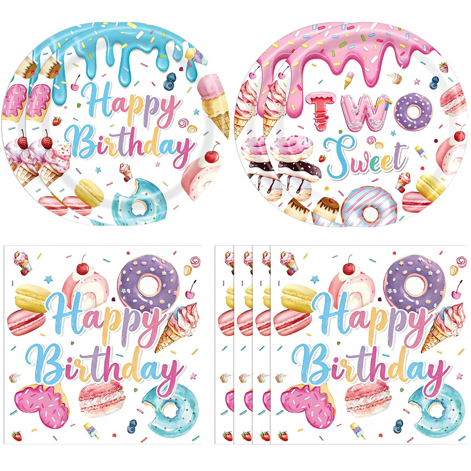 2nd Birthday Decorations for Girl,40PCS Two Sweet Birthday Decorations Includes Disposable Plates & Napkins,Girls 2 Year Old Sprinkle Donut Ice Cream