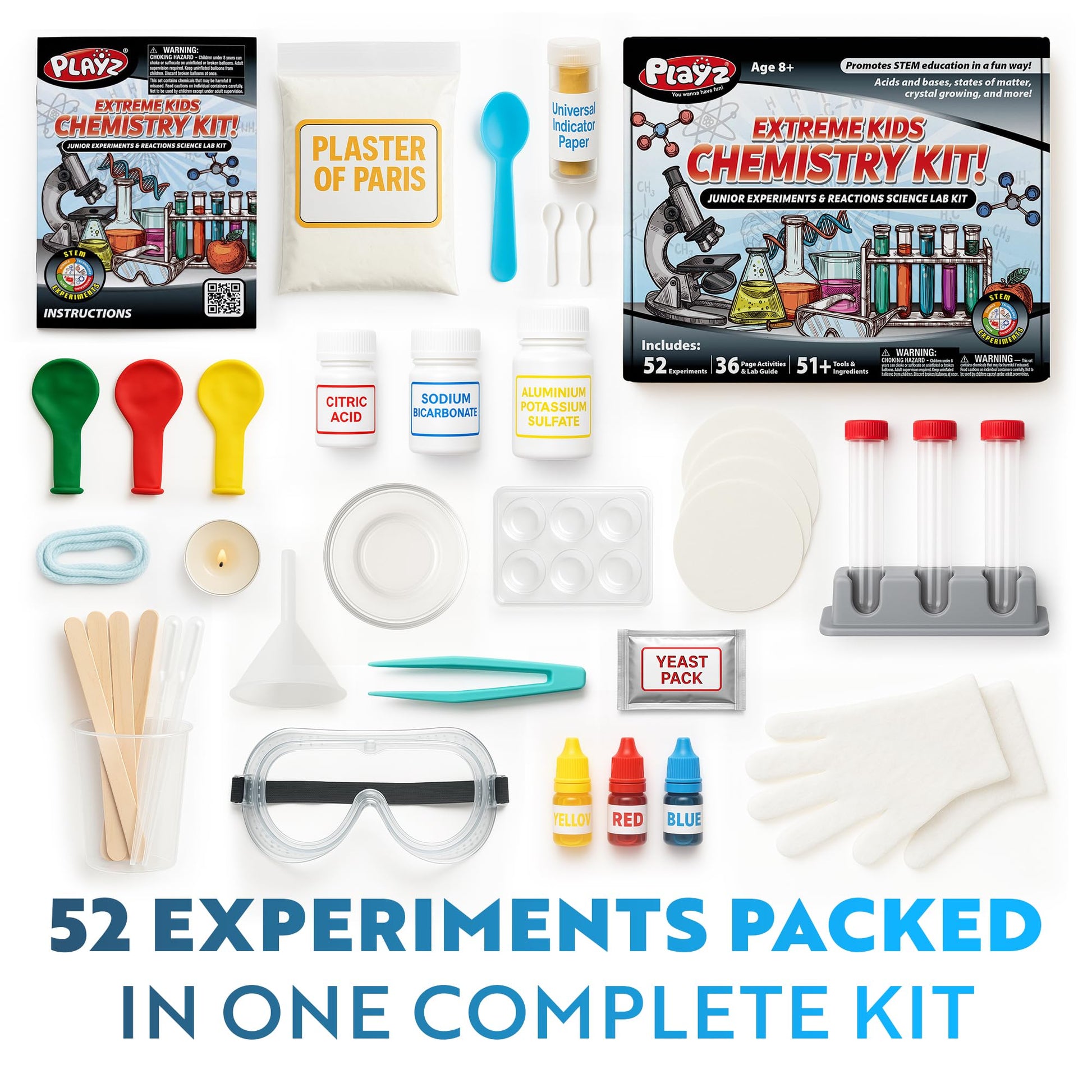Playz Extreme Chemistry Set - 52 Unique Experiments, Science Kits for Kids Age 8-12, Lab Gear, Volcano Project, Learning Tools, Fair Activity